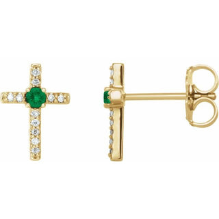 14K Yellow Natural Emerald & .05 CTW Natural Diamond Cross Earrings