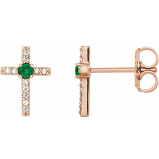 14K Rose Natural Emerald & .05 CTW Natural Diamond Cross Earrings