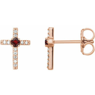 14K Rose Natural Mozambique Garnet & .05 CTW Natural Diamond Cross Earrings