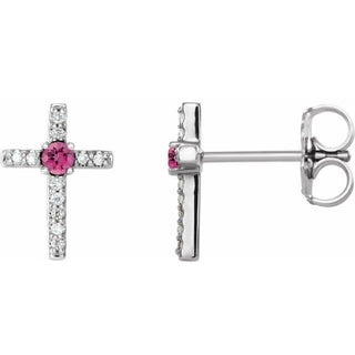 14K White Natural Pink Tourmaline & .05 CTW Natural Diamond Cross Earrings