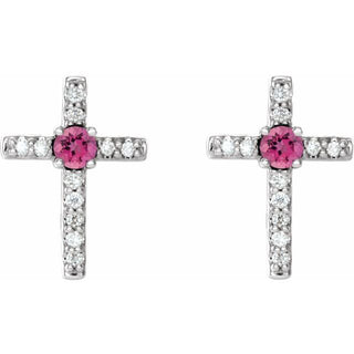 14K White Natural Pink Tourmaline & .05 CTW Natural Diamond Cross Earrings