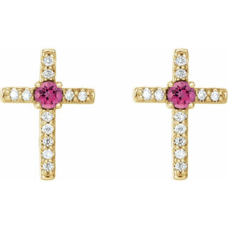 14K Yellow Natural Pink Tourmaline & .05 CTW Natural Diamond Cross Earrings
