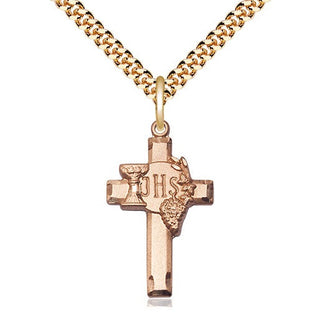 14kt Gold Filled Cross w/IHS Grapes Medal Catholic Jewelry Engraved Catholic Saint Jewelry