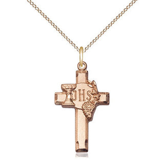 14kt Gold Cross w/IHS Grapes Medal Engraved Catholic Saint Jewelry
