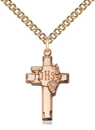 14kt Gold Cross w/IHS Grapes Medal Engraved Catholic Saint Jewelry