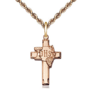14kt Gold Cross w/IHS Grapes Medal Engraved Catholic Saint Jewelry
