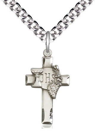 Sterling Silver Cross w/IHS Grapes Medal Catholic Jewelry Engraved Catholic Saint Jewelry