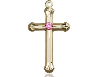 14kt Gold Filled Cross Pendant with a 3mm Rose Swarovski stone on an 18-inch Gold Filled Light Curb Chain Engraved Catholic Saint Jewelry