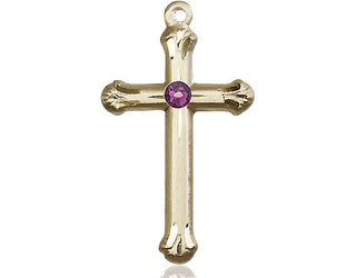 14kt Gold Filled Cross Pendant with a 3mm Amethyst Swarovski stone on an 18-inch Gold Filled Light Curb Chain Engraved Catholic Saint Jewelry