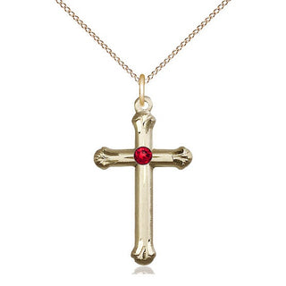 14kt Gold Filled Cross | 3mm Ruby Swarovski stone | 18-inch Gold Filled Chain | Engravable