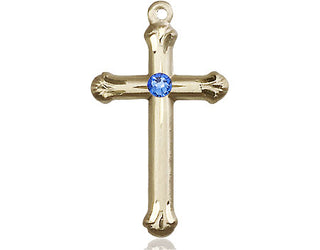 14kt Gold Filled Cross Pendant with a 3mm Sapphire Swarovski stone on an 18-inch Gold Filled Light Curb Chain Engraved Catholic Saint Jewelry