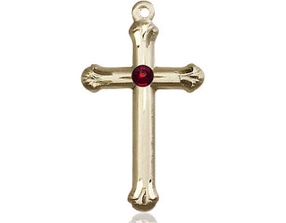 14kt Gold Cross Medal with a 3mm Garnet Swarovski stone Engraved Catholic Saint Jewelry