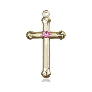 14kt Gold Cross Medal with a 3mm Rose Swarovski stone Engraved Catholic Saint Jewelry