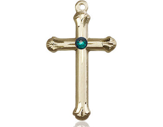 14kt Gold Cross Medal with a 3mm Emerald Swarovski stone Engraved Catholic Saint Jewelry
