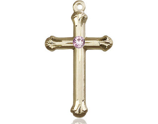 14kt Gold Cross Medal with a 3mm Light Amethyst Swarovski stone Engraved Catholic Saint Jewelry
