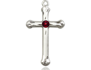 Sterling Silver Cross Pendant with a 3mm Garnet Swarovski stone on an 18-inch Sterling Silver Light Curb Chain Engraved Catholic Saint Jewelry
