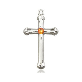 Sterling Silver Cross Pendant with a 3mm Topaz Swarovski stone on an 18-inch Sterling Silver Light Curb Chain Engraved Catholic Saint Jewelry
