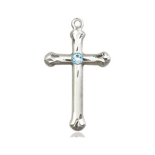 Sterling Silver Cross Pendant with a 3mm Aqua Swarovski stone on an 18-inch Sterling Silver Light Curb Chain Engraved Catholic Saint Jewelry