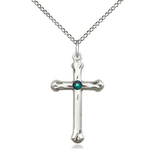 Sterling Silver Cross | 3mm Emerald Swarovski stone | 18-inch Sterling Silver Chain | Engravable
