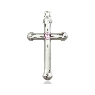 Sterling Silver Cross Pendant with a 3mm Light Amethyst Swarovski stone on an 18-inch Sterling Silver Light Curb Chain Engraved Catholic Saint Jewelry