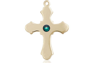 14kt Gold Filled Cross Pendant with a 3mm Emerald Swarovski stone on an 18-inch Gold Filled Light Curb Chain