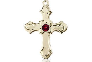 14kt Gold Filled Cross Pendant with a 3mm Garnet Swarovski stone on an 18-inch Gold Filled Light Curb Chain Engraved Catholic Saint Jewelry