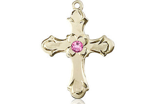 14kt Gold Filled Cross Pendant with a 3mm Rose Swarovski stone on an 18-inch Gold Filled Light Curb Chain Engraved Catholic Saint Jewelry