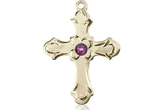 14kt Gold Filled Cross Pendant with a 3mm Amethyst Swarovski stone on an 18-inch Gold Filled Light Curb Chain Engraved Catholic Saint Jewelry