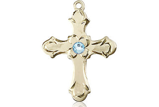 14kt Gold Filled Cross Pendant with a 3mm Aqua Swarovski stone on an 18-inch Gold Filled Light Curb Chain Engraved Catholic Saint Jewelry