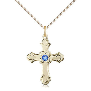14kt Gold Filled Cross | 3mm Sapphire Swarovski stone | 18-inch Gold Filled Chain | Engravable