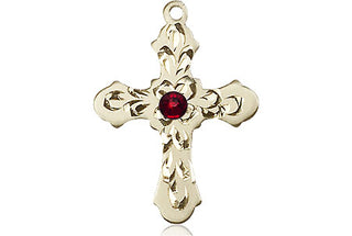 14kt Gold Filled Cross Pendant with a 3mm Garnet Swarovski stone on an 18-inch Gold Filled Light Curb Chain Engraved Catholic Saint Jewelry