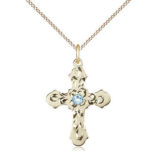 14kt Gold Filled Cross | 3mm Aqua Swarovski stone | 18-inch Gold Filled Chain | Engravable