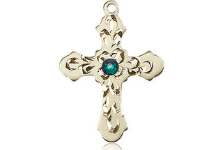 14kt Gold Filled Cross Pendant with a 3mm Emerald Swarovski stone on an 18-inch Gold Filled Light Curb Chain Engraved Catholic Saint Jewelry