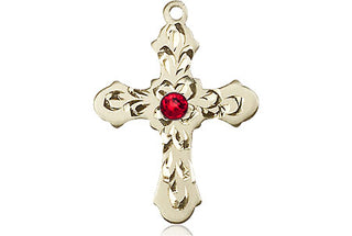 14kt Gold Filled Cross Pendant with a 3mm Ruby Swarovski stone on an 18-inch Gold Filled Light Curb Chain Engraved Catholic Saint Jewelry