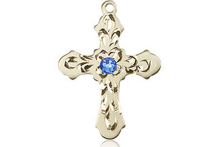 14kt Gold Filled Cross Pendant with a 3mm Sapphire Swarovski stone on an 18-inch Gold Filled Light Curb Chain Engraved Catholic Saint Jewelry