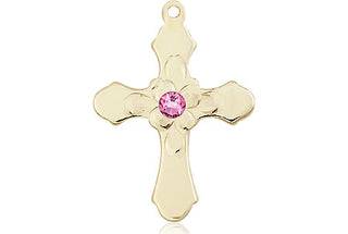 14kt Gold Filled Cross Pendant with a 3mm Rose Swarovski stone on an 18-inch Gold Filled Light Curb Chain Engraved Catholic Saint Jewelry