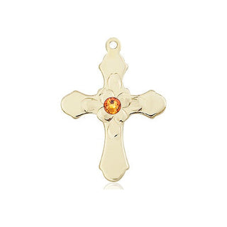 14kt Gold Filled Cross Pendant with a 3mm Topaz Swarovski stone on an 18-inch Gold Filled Light Curb Chain Engraved Catholic Saint Jewelry