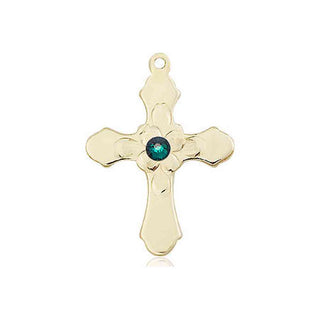 14kt Gold Filled Cross Pendant with a 3mm Emerald Swarovski stone on an 18-inch Gold Filled Light Curb Chain Engraved Catholic Saint Jewelry