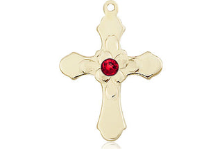 14kt Gold Filled Cross Pendant with a 3mm Ruby Swarovski stone on an 18-inch Gold Filled Light Curb Chain Engraved Catholic Saint Jewelry
