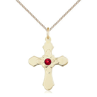 14kt Gold Filled Cross | 3mm Ruby Swarovski stone | 18-inch Gold Filled Chain | Engravable