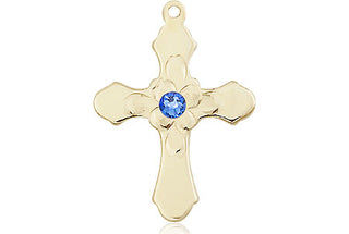 14kt Gold Filled Cross Pendant with a 3mm Sapphire Swarovski stone on an 18-inch Gold Filled Light Curb Chain Engraved Catholic Saint Jewelry
