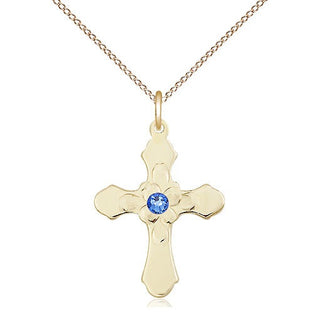 14kt Gold Filled Cross | 3mm Sapphire Swarovski stone | 18-inch Gold Filled Chain | Engravable