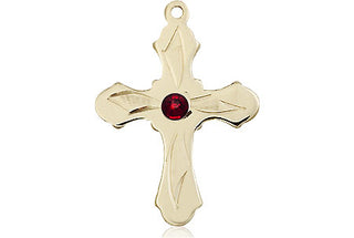 14kt Gold Filled Cross Pendant with a 3mm Garnet Swarovski stone on an 18-inch Gold Filled Light Curb Chain Engraved Catholic Saint Jewelry