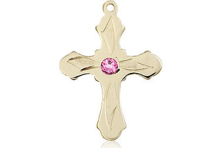 14kt Gold Filled Cross Pendant with a 3mm Rose Swarovski stone on an 18-inch Gold Filled Light Curb Chain Engraved Catholic Saint Jewelry