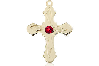 14kt Gold Filled Cross Pendant with a 3mm Ruby Swarovski stone on an 18-inch Gold Filled Light Curb Chain Engraved Catholic Saint Jewelry