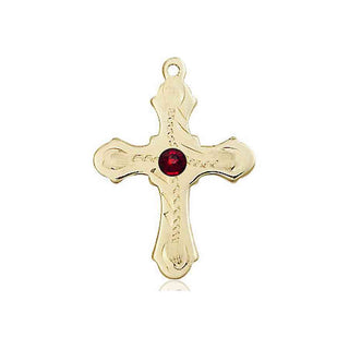14kt Gold Filled Cross Pendant with a 3mm Garnet Swarovski stone on an 18-inch Gold Filled Light Curb Chain Engraved Catholic Saint Jewelry