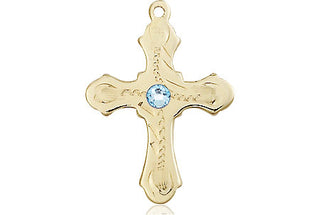 14kt Gold Filled Cross Pendant with a 3mm Aqua Swarovski stone on an 18-inch Gold Filled Light Curb Chain Engraved Catholic Saint Jewelry