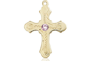 14kt Gold Filled Cross Pendant with a 3mm Light Amethyst Swarovski stone on an 18-inch Gold Filled Light Curb Chain Engraved Catholic Saint Jewelry