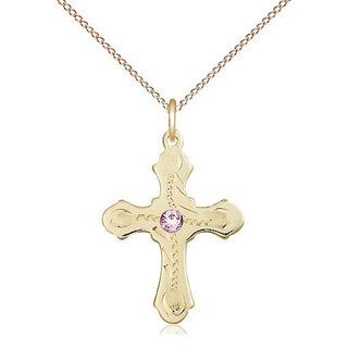 14kt Gold Filled Cross | 3mm Light Amethyst Swarovski stone | 18-inch Gold Filled Chain | Engravable
