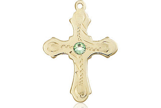 14kt Gold Filled Cross Pendant with a 3mm Peridot Swarovski stone on an 18-inch Gold Filled Light Curb Chain Engraved Catholic Saint Jewelry